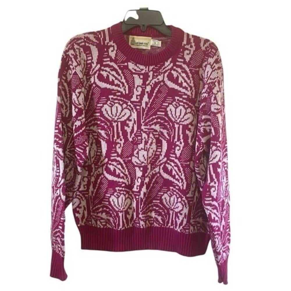 Vintage London Fog‎ Women's Sweater Medium, Burgundy and White Floral USA